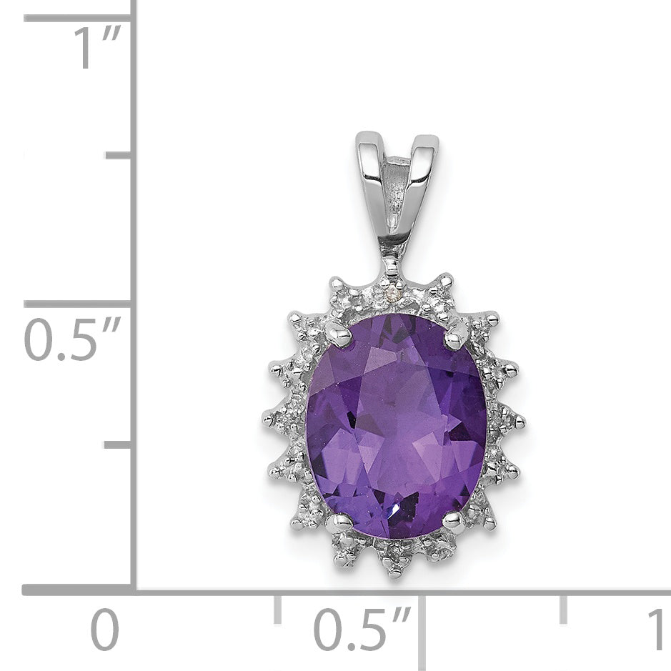 Sterling Silver Rhodium Plated Oval Amethyst and Diamond Pendant