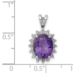 Sterling Silver Rhodium Plated Oval Amethyst and Diamond Pendant