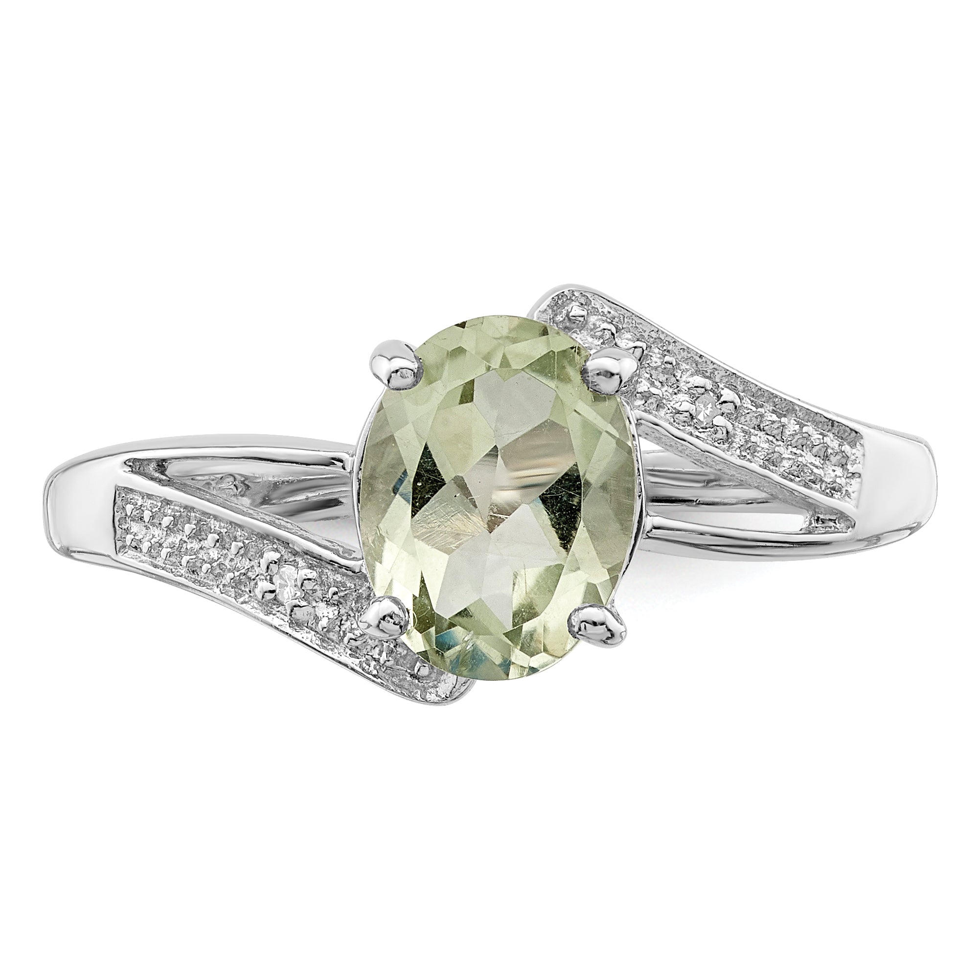 Sterling Silver Rhodium Green Quartz & Diamond Ring