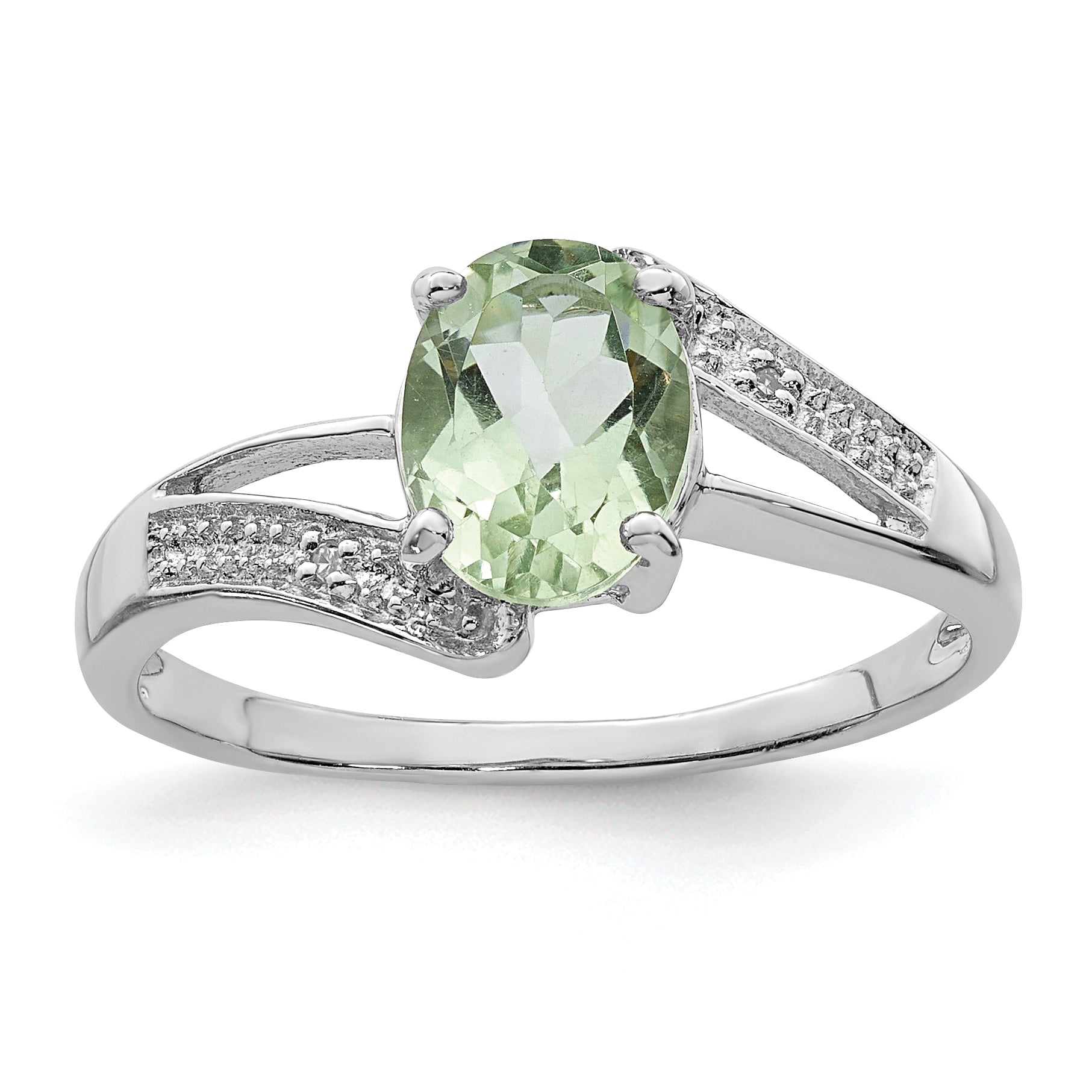 Sterling Silver Rhodium Green Quartz & Diamond Ring