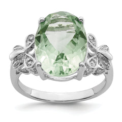 Sterling Silver Rhodium Green Quartz & Diamond Ring