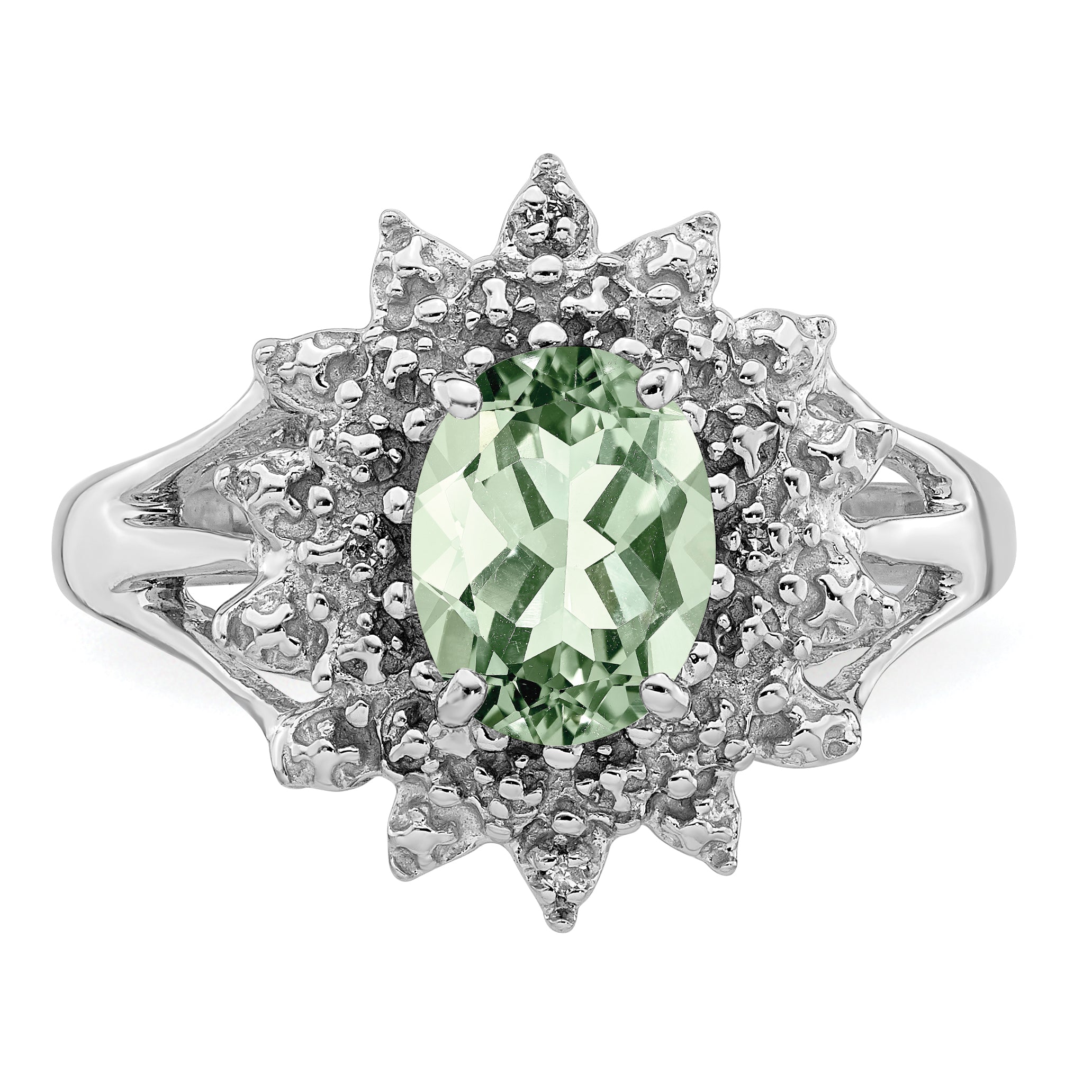 Sterling Silver Rhodium Green Quartz & Diamond Ring