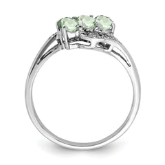 Sterling Silver Rhodium 3 Stone Green Quartz & Diamond Ring