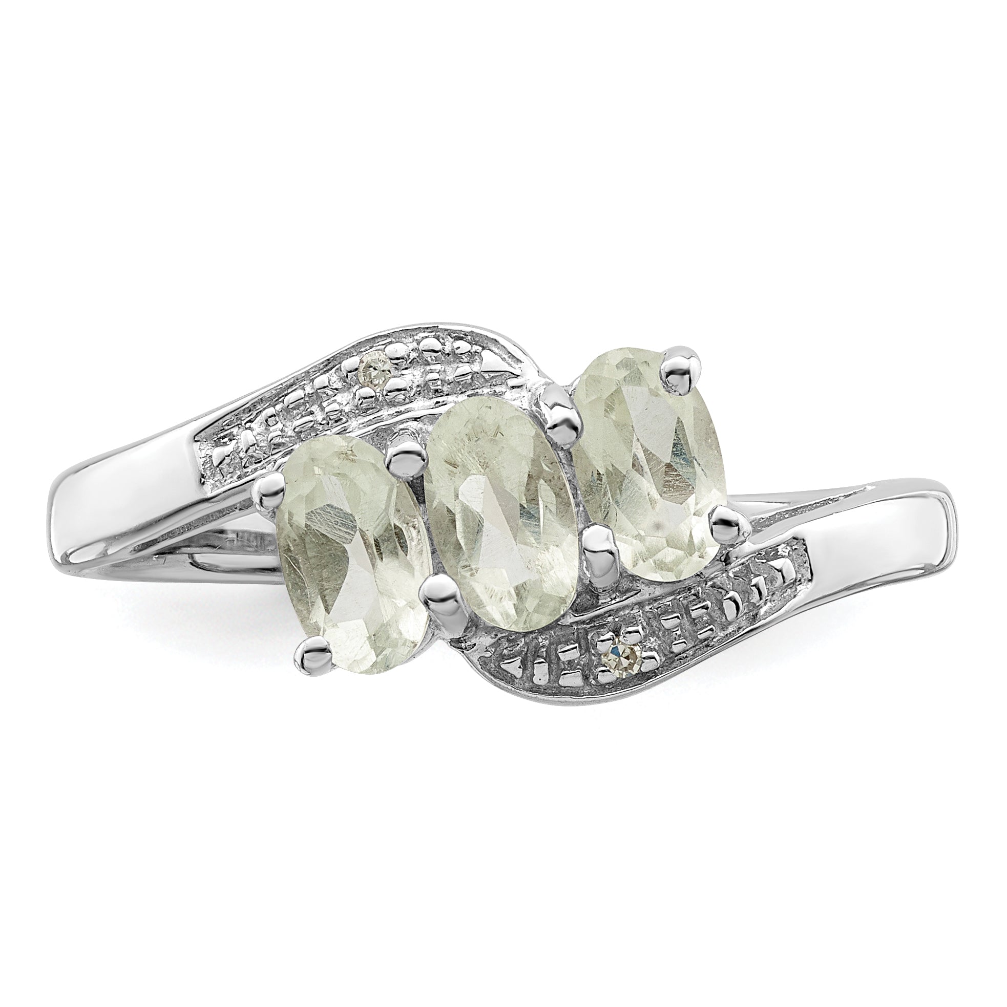 Sterling Silver Rhodium 3 Stone Green Quartz & Diamond Ring