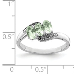 Sterling Silver Rhodium 3 Stone Green Quartz & Diamond Ring