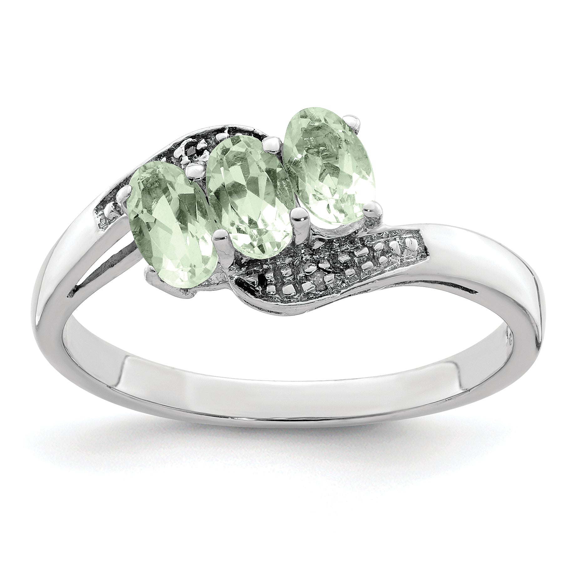 Sterling Silver Rhodium 3 Stone Green Quartz & Diamond Ring