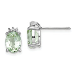 Sterling Silver Rhodium-plated Oval Green Quartz and DiamondEarrings