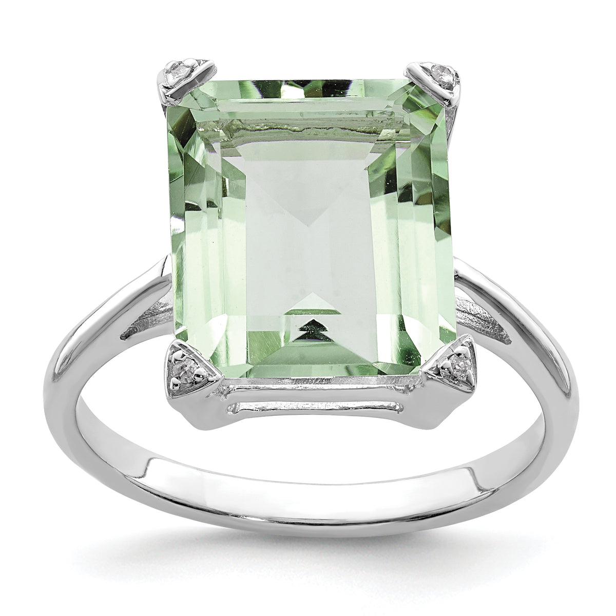 Sterling Silver Rhodium Green Quartz Diamond Ring