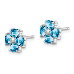 Sterling Silver Blue Topaz Flower Earrings, Rhodium Plated, Heart Shaped Stones, 9mm