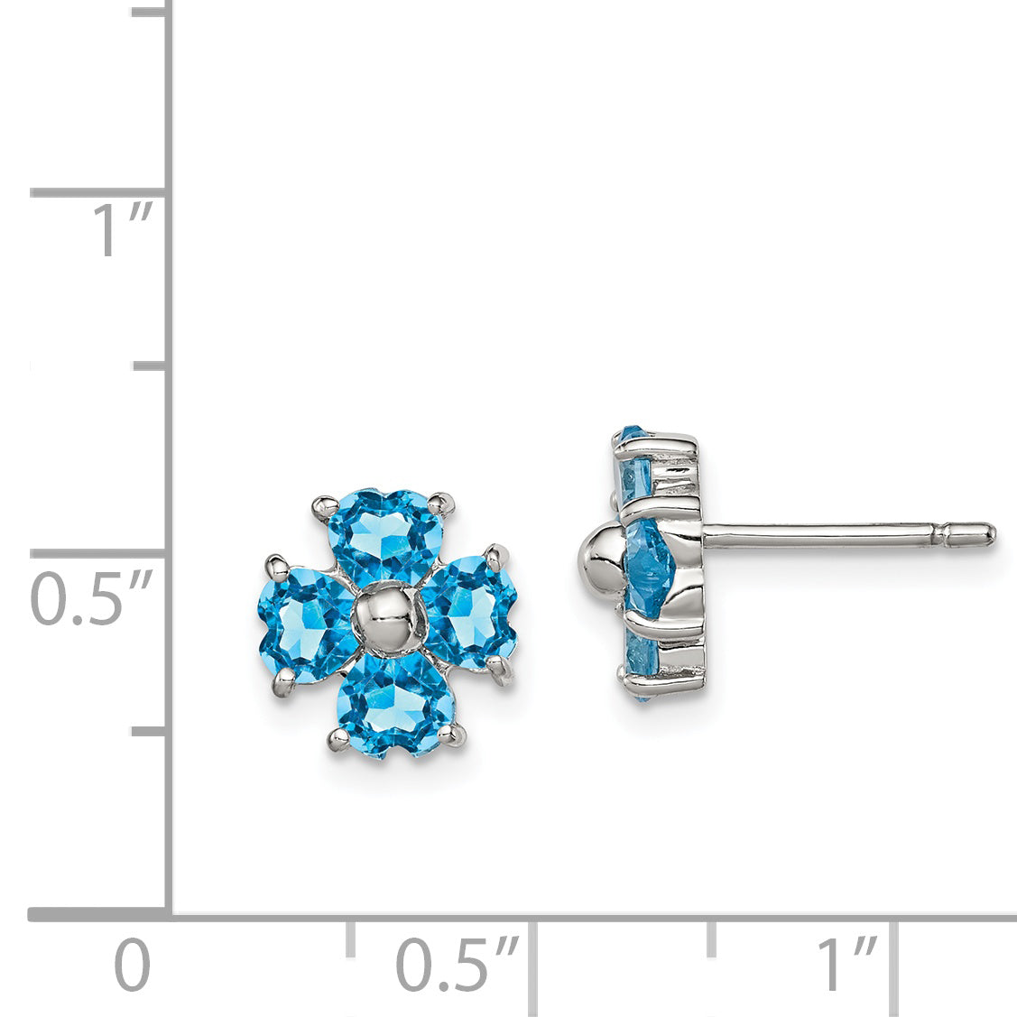 Sterling Silver Blue Topaz Flower Earrings, Rhodium Plated, Heart Shaped Stones, 9mm