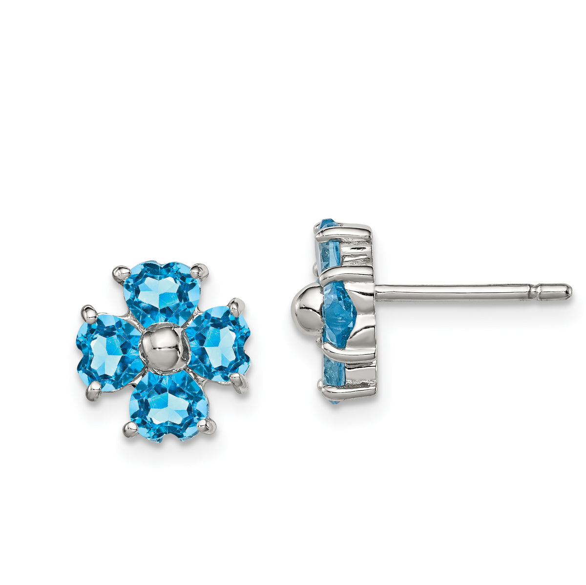 Sterling Silver Rhodium Plated Blue Topaz Flower Post Earrings