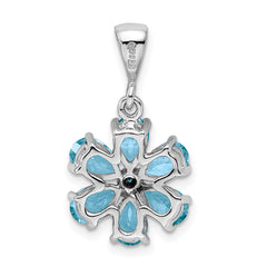 Sterling Silver Rhodium Light Swiss Blue Topaz & Diamond Flower Pendant