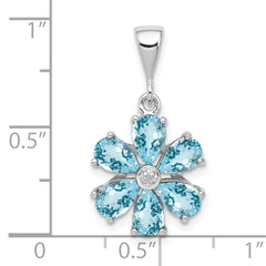 Sterling Silver Rhodium Light Swiss Blue Topaz & Diamond Flower Pendant