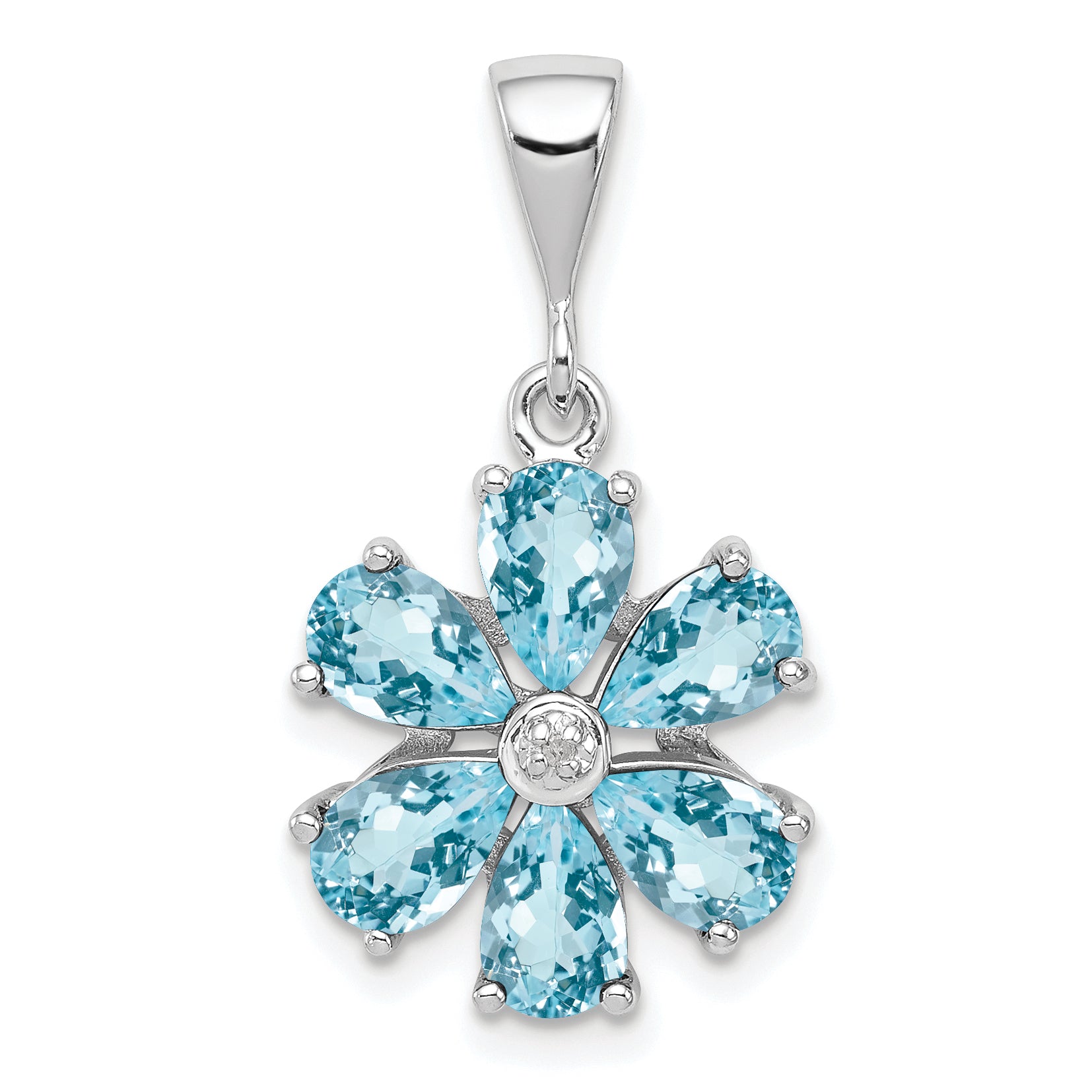 Sterling Silver Rhodium Light Swiss Blue Topaz & Diamond Flower Pendant