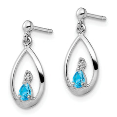 Sterling Silver Swiss Blue Topaz and Diamond Drop Earrings - Rhodium-Plated, Polished Finish.