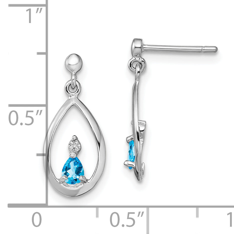 Sterling Silver Swiss Blue Topaz and Diamond Drop Earrings - Rhodium-Plated, Polished Finish.