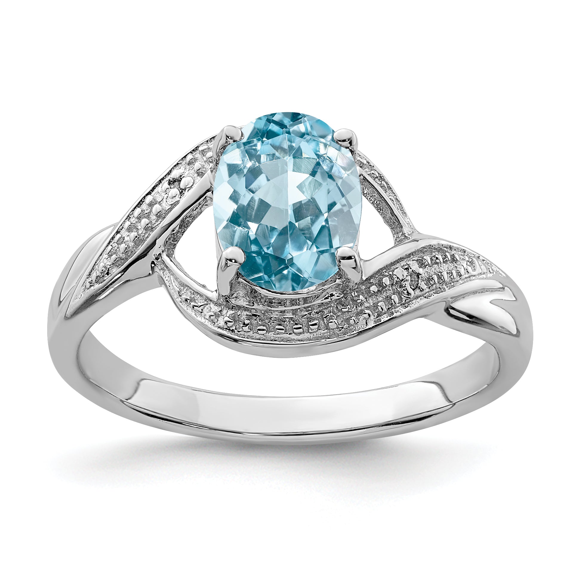 Sterling Silver Rhodium Light Swiss Blue Topaz & Diamond Ring