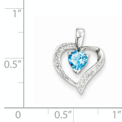 Sterling Silver Rhodium Heart Swiss Blue Topaz & Diamond Heart Pendant