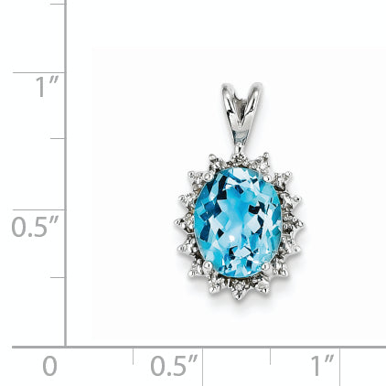 Sterling Silver Rhodium-plated Oval Swiss Blue Topaz & Diamond Pendant