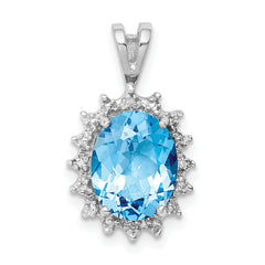 Sterling Silver Rhodium-plated Oval Swiss Blue Topaz & Diamond Pendant