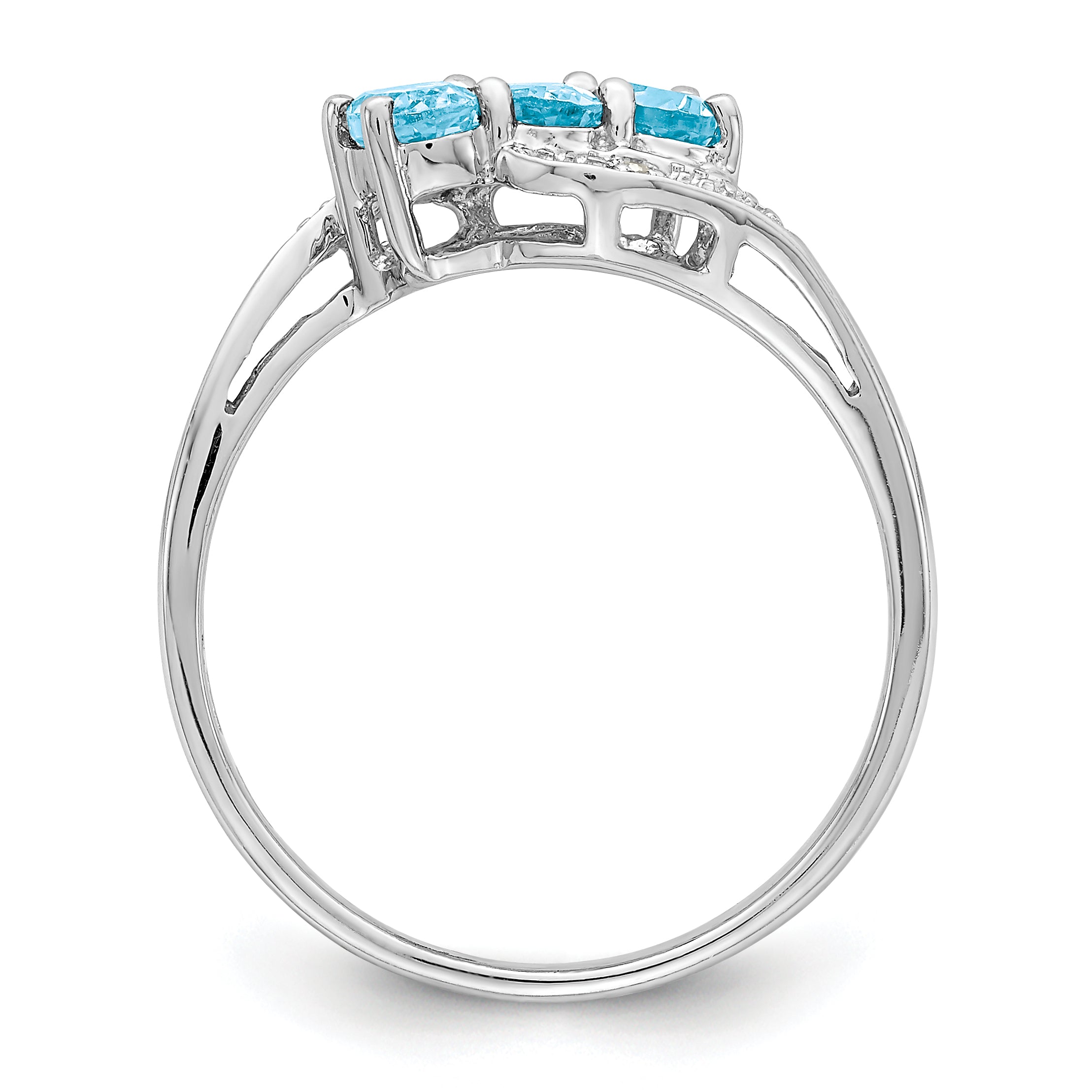 Sterling Silver Rhodium 3 Stone Light Swiss Blue Topaz & Diamond Ring