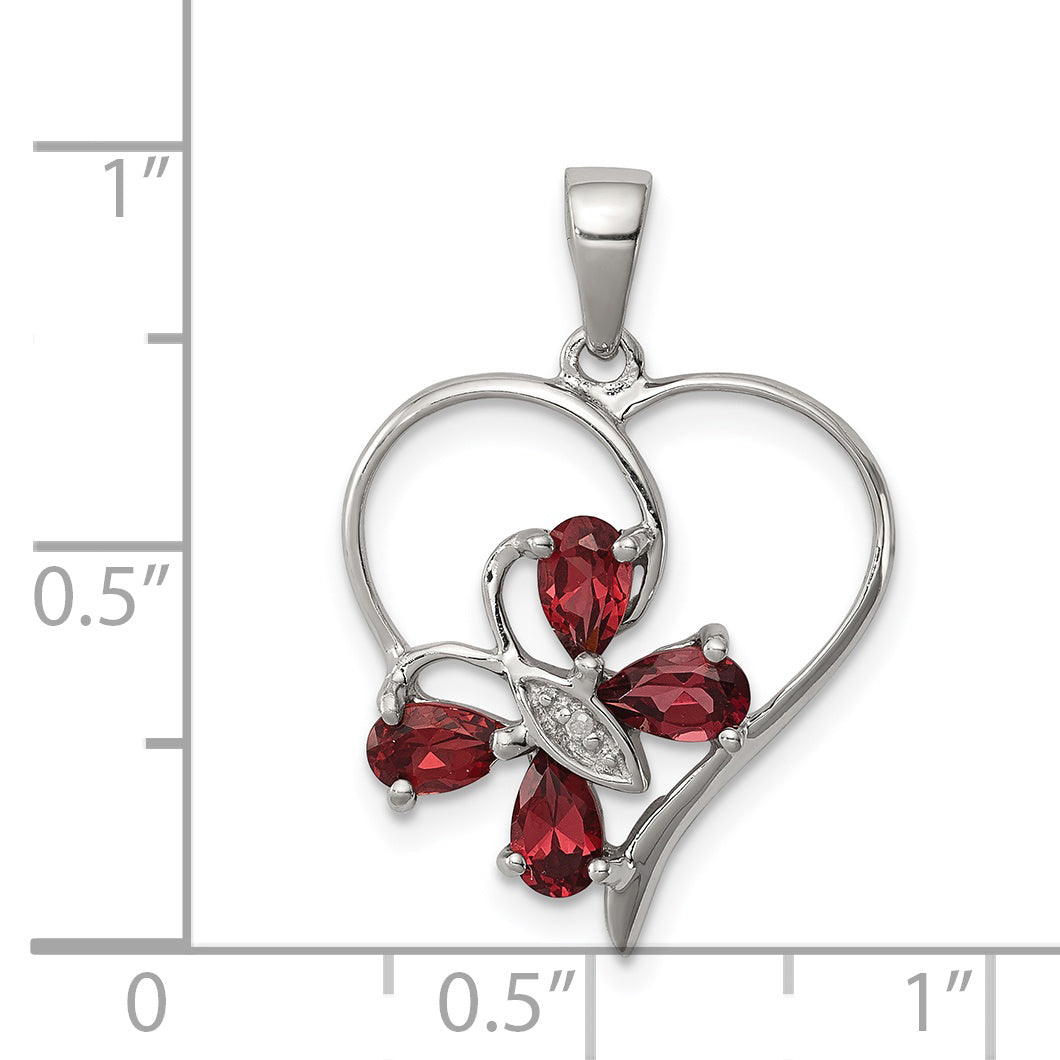 Sterling Silver Rhodium Garnet & Diamond Butterfly Heart Pendant