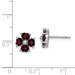 "925 Sterling Silver Garnet Flower Earrings, Rhodium Plated, Heart-Cut Stones"