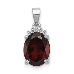 Sterling Silver Rhodium Garnet & Diamond Pendant