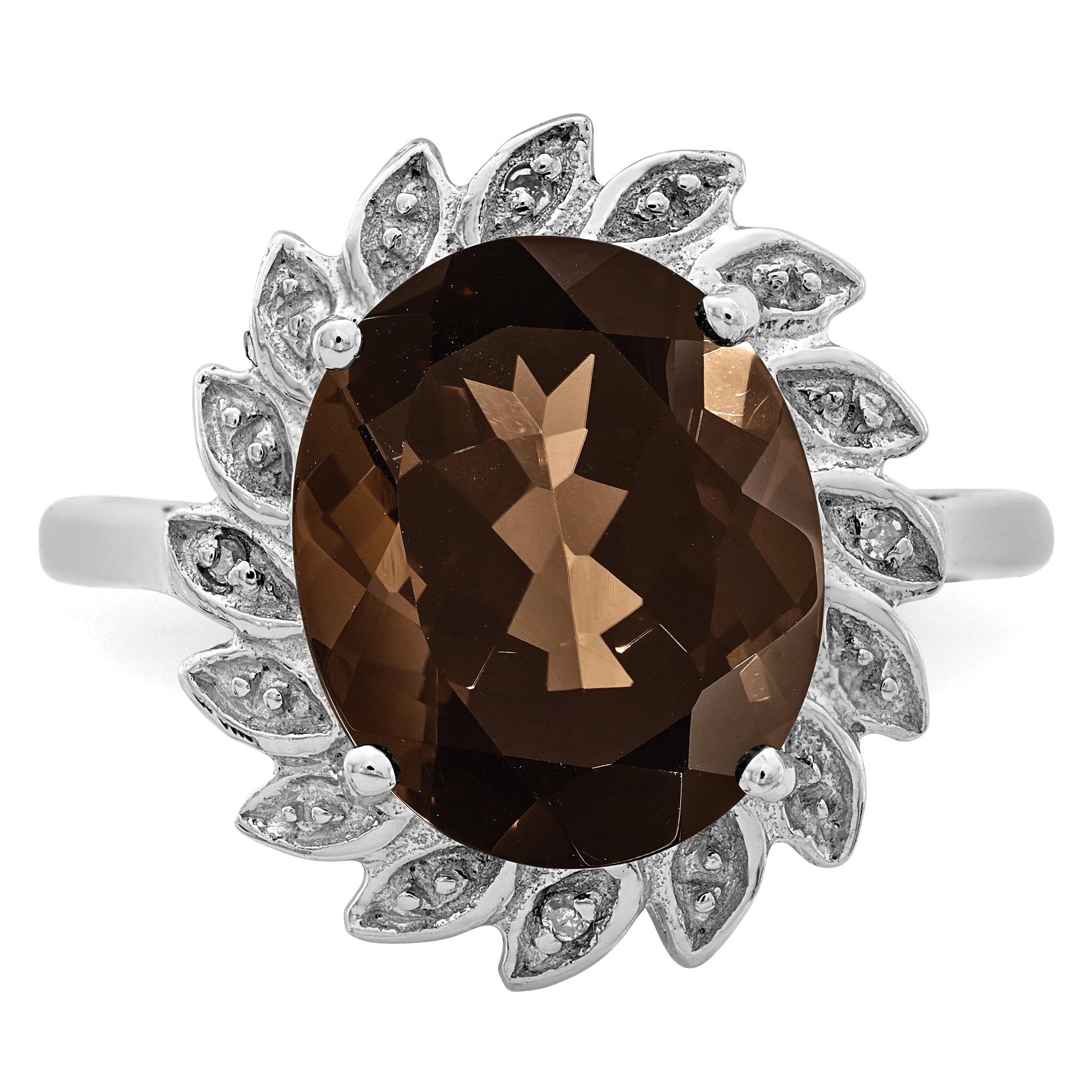 Sterling Silver Rhodium Smoky Quartz & Diamond Ring