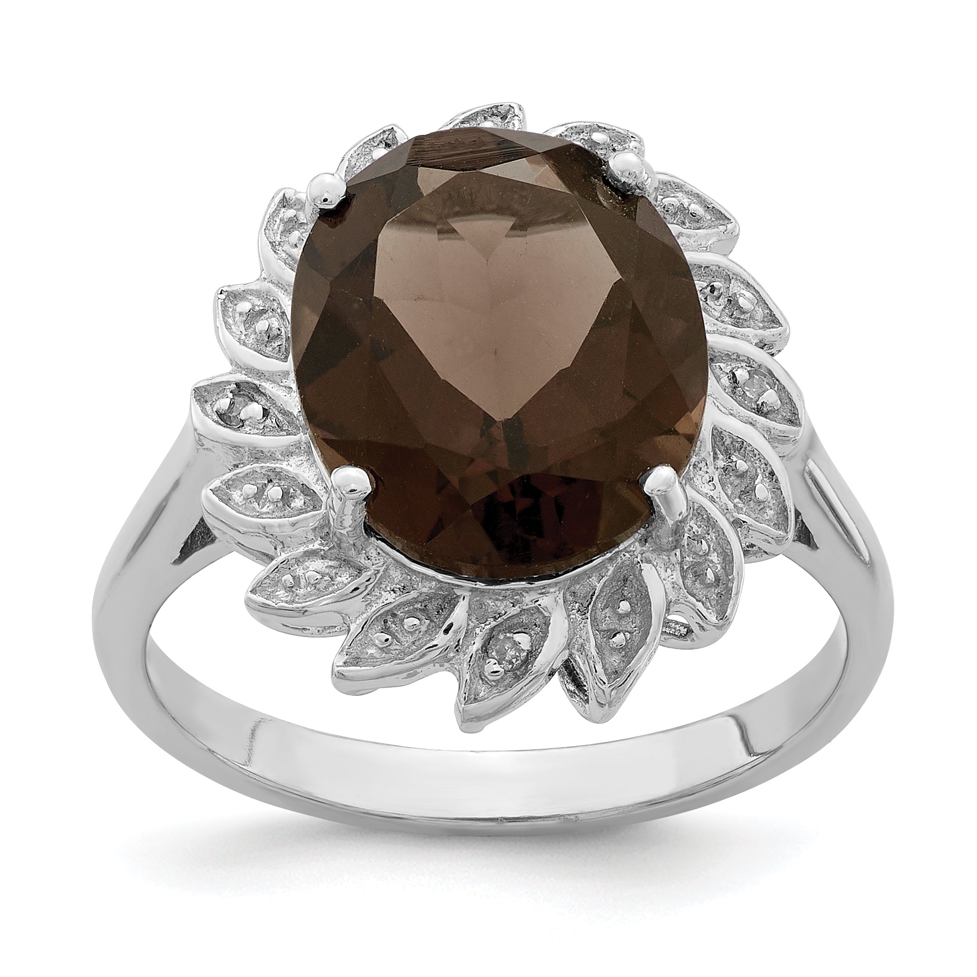 Sterling Silver Rhodium Smoky Quartz & Diamond Ring