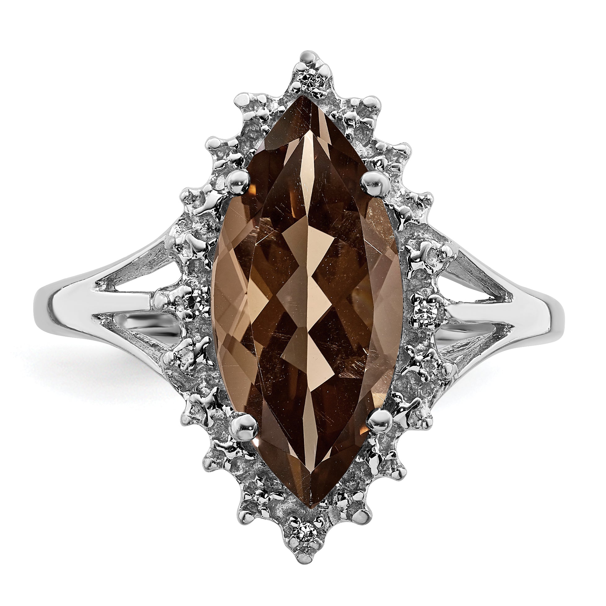 Sterling Silver Rhodium Smoky Quartz Diamond Ring