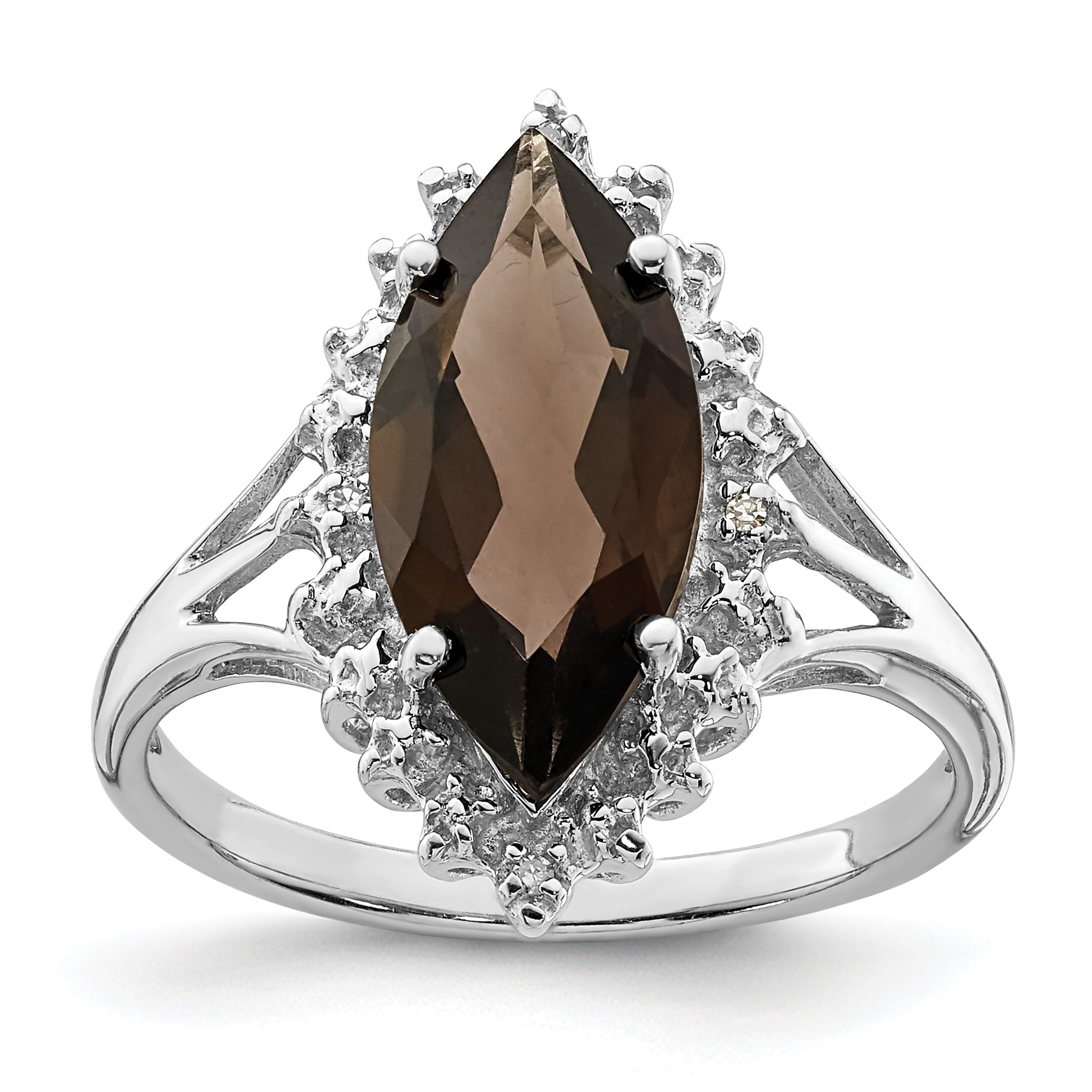 Sterling Silver Rhodium Smoky Quartz Diamond Ring