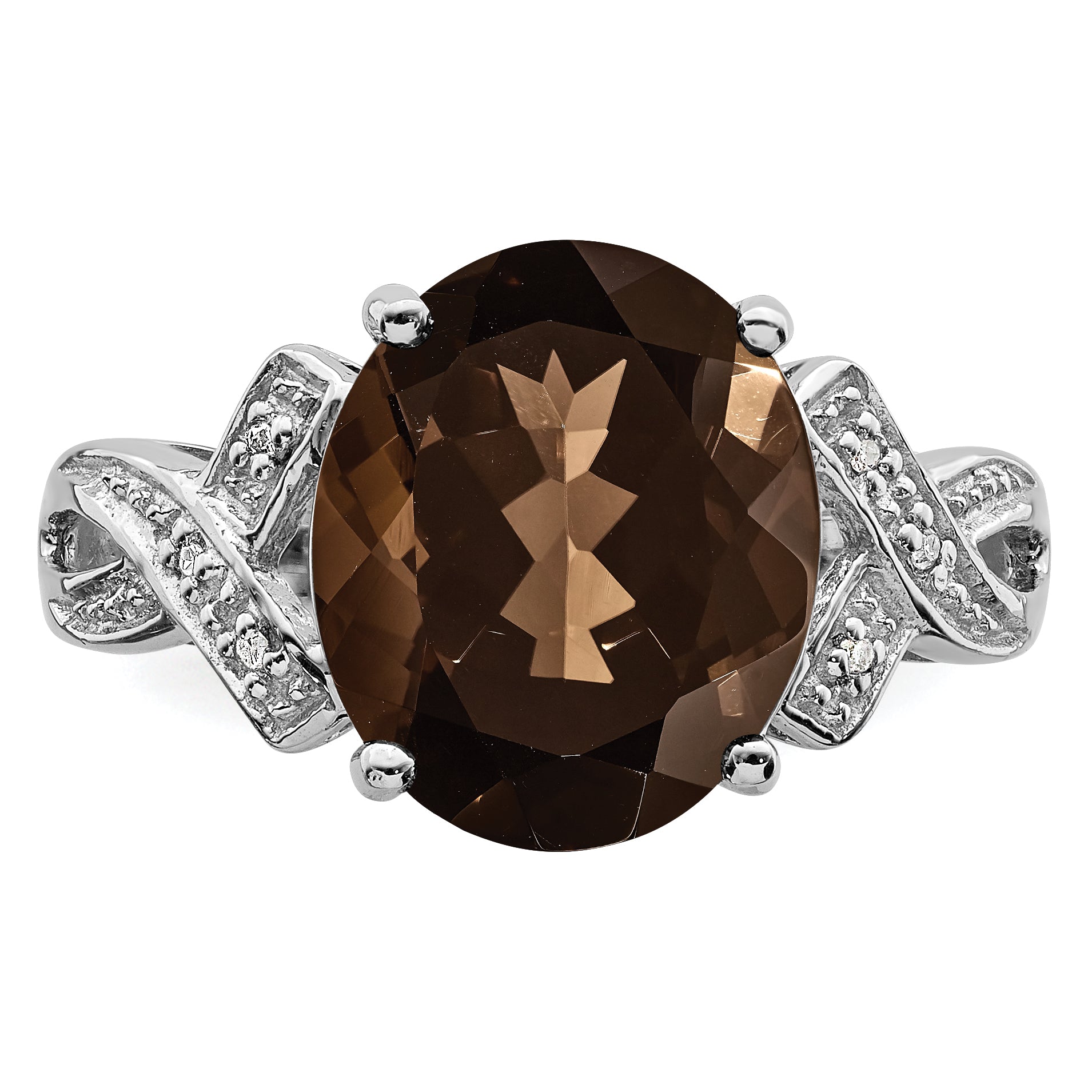 Sterling Silver Rhodium Smoky Quartz Diamond Ring