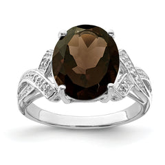 Sterling Silver Rhodium Smoky Quartz Diamond Ring