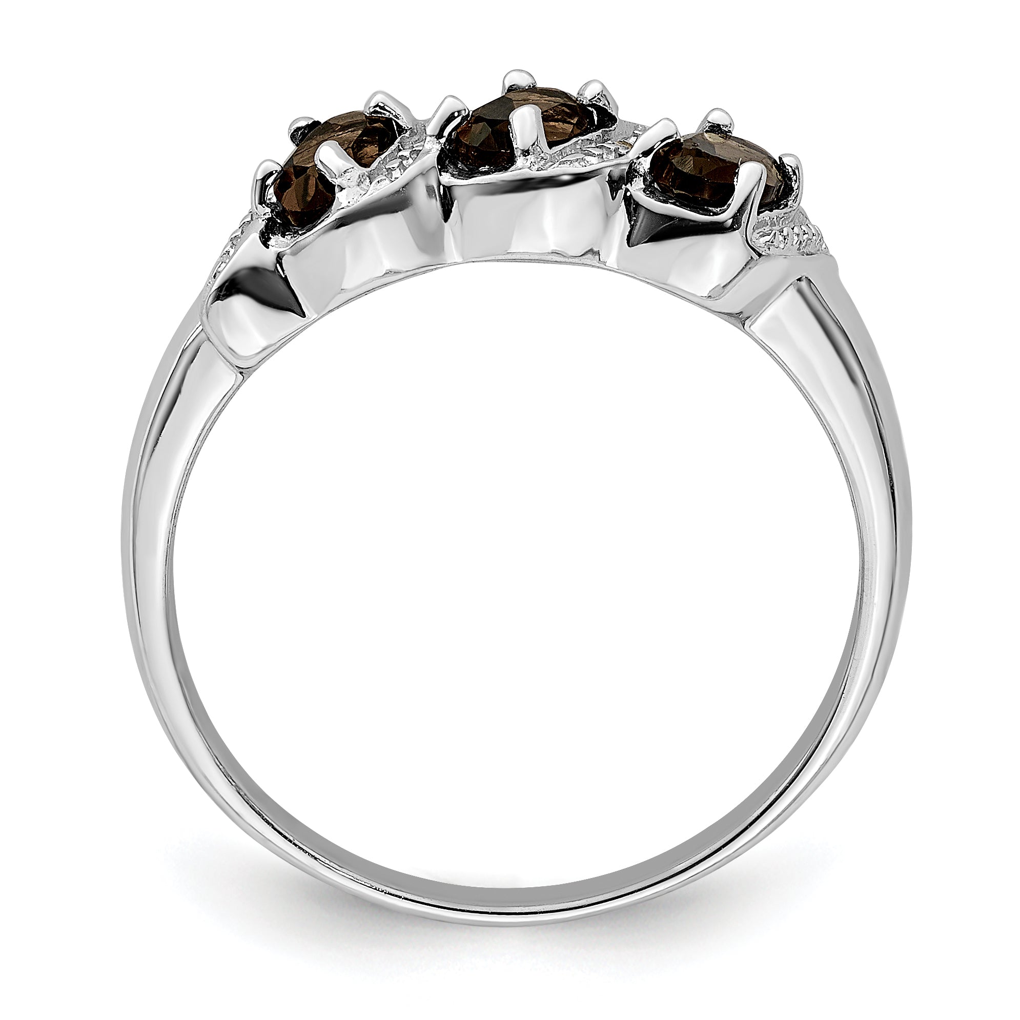 Sterling Silver Rhodium 3 Stone Smoky Quartz & Diamond Ring