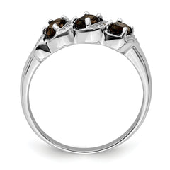 Sterling Silver Rhodium 3 Stone Smoky Quartz & Diamond Ring