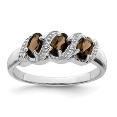 Sterling Silver Rhodium 3 Stone Smoky Quartz & Diamond Ring