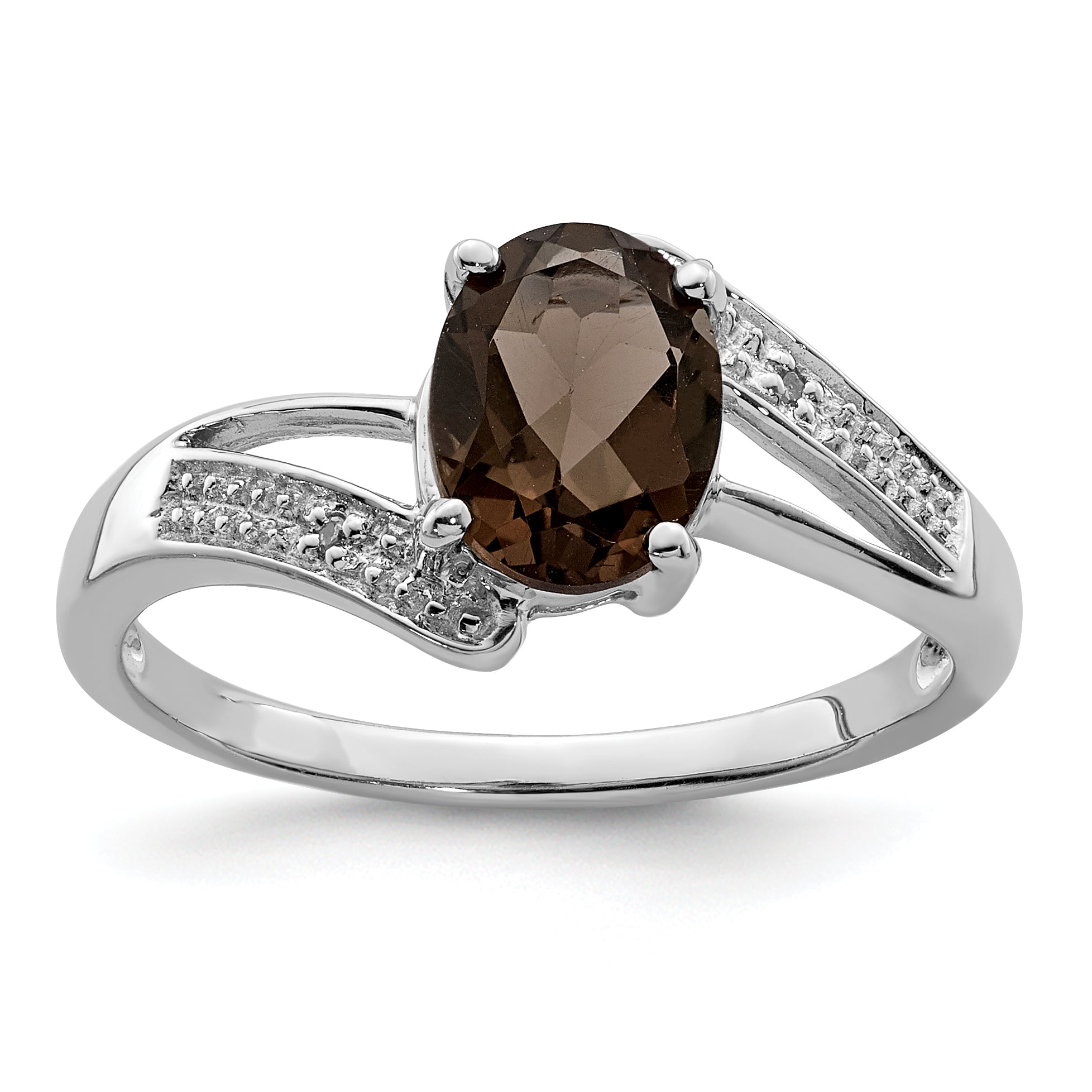 Sterling Silver Rhodium Smoky Quartz & Diamond Ring