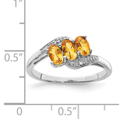 Sterling Silver Rhodium 3 Stone Citrine & Diamond Ring