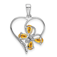 Sterling Silver Rhodium Citrine & Diamond Butterfly Heart Pendant