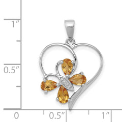 Sterling Silver Rhodium Citrine & Diamond Butterfly Heart Pendant