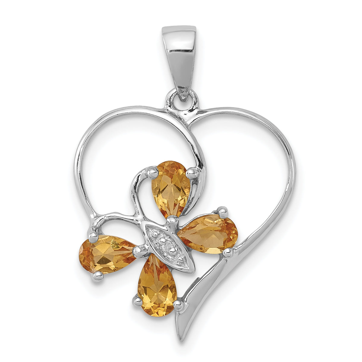 Sterling Silver Rhodium Citrine & Diamond Butterfly Heart Pendant