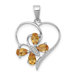 Sterling Silver Rhodium Citrine & Diamond Butterfly Heart Pendant