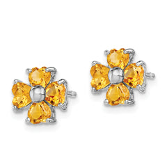 "925 Sterling Silver Rhodium Plated Citrine Flower Earrings with Heart-Cut Stones"