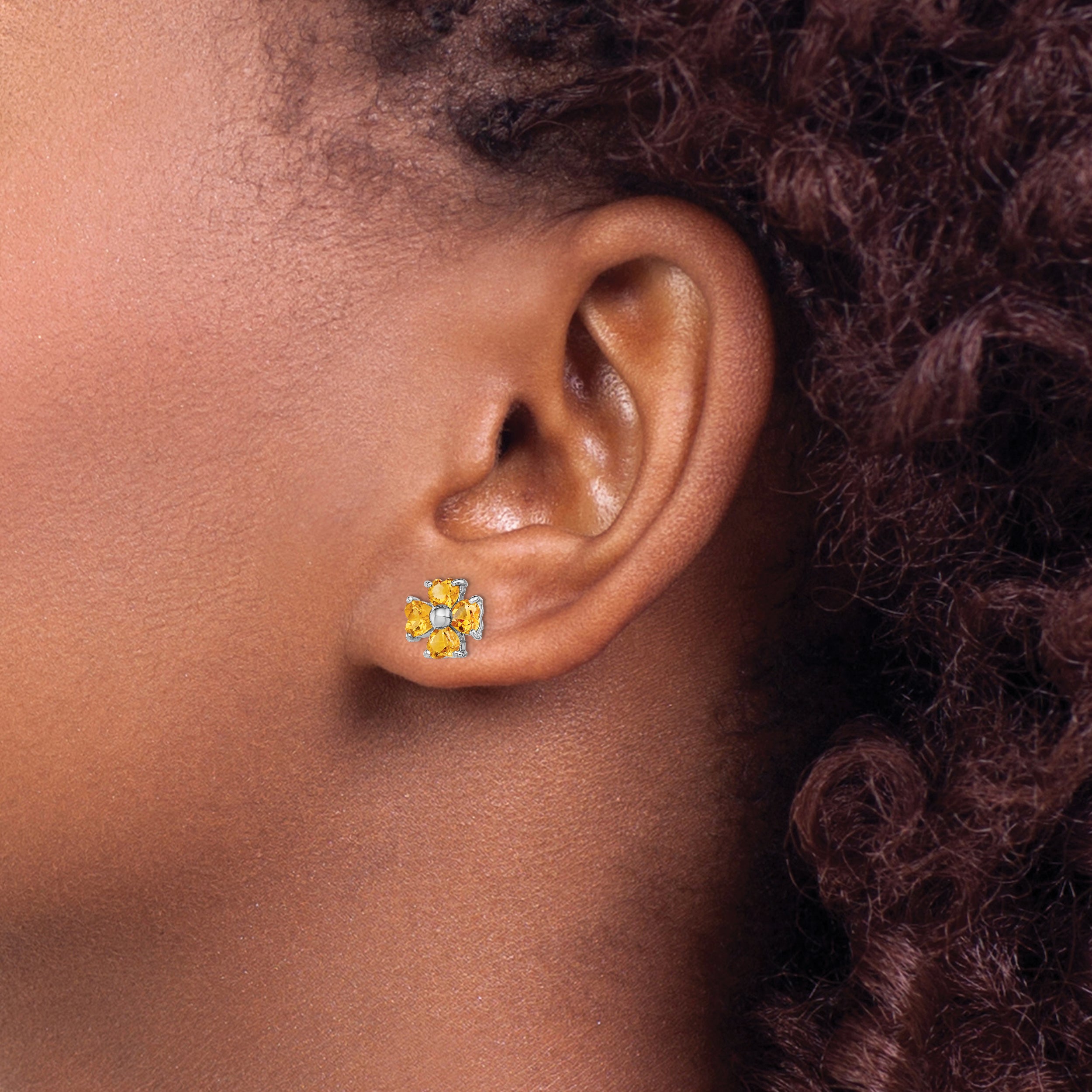 "925 Sterling Silver Rhodium Plated Citrine Flower Earrings with Heart-Cut Stones"