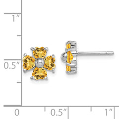 "925 Sterling Silver Rhodium Plated Citrine Flower Earrings with Heart-Cut Stones"