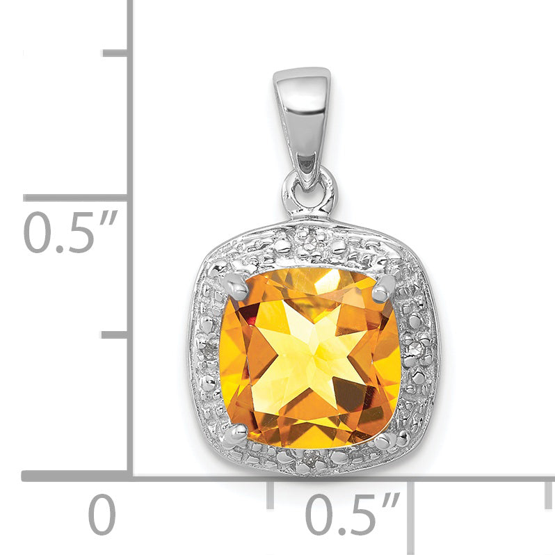 Sterling Silver Rhodium Citrine & Diamond Pendant