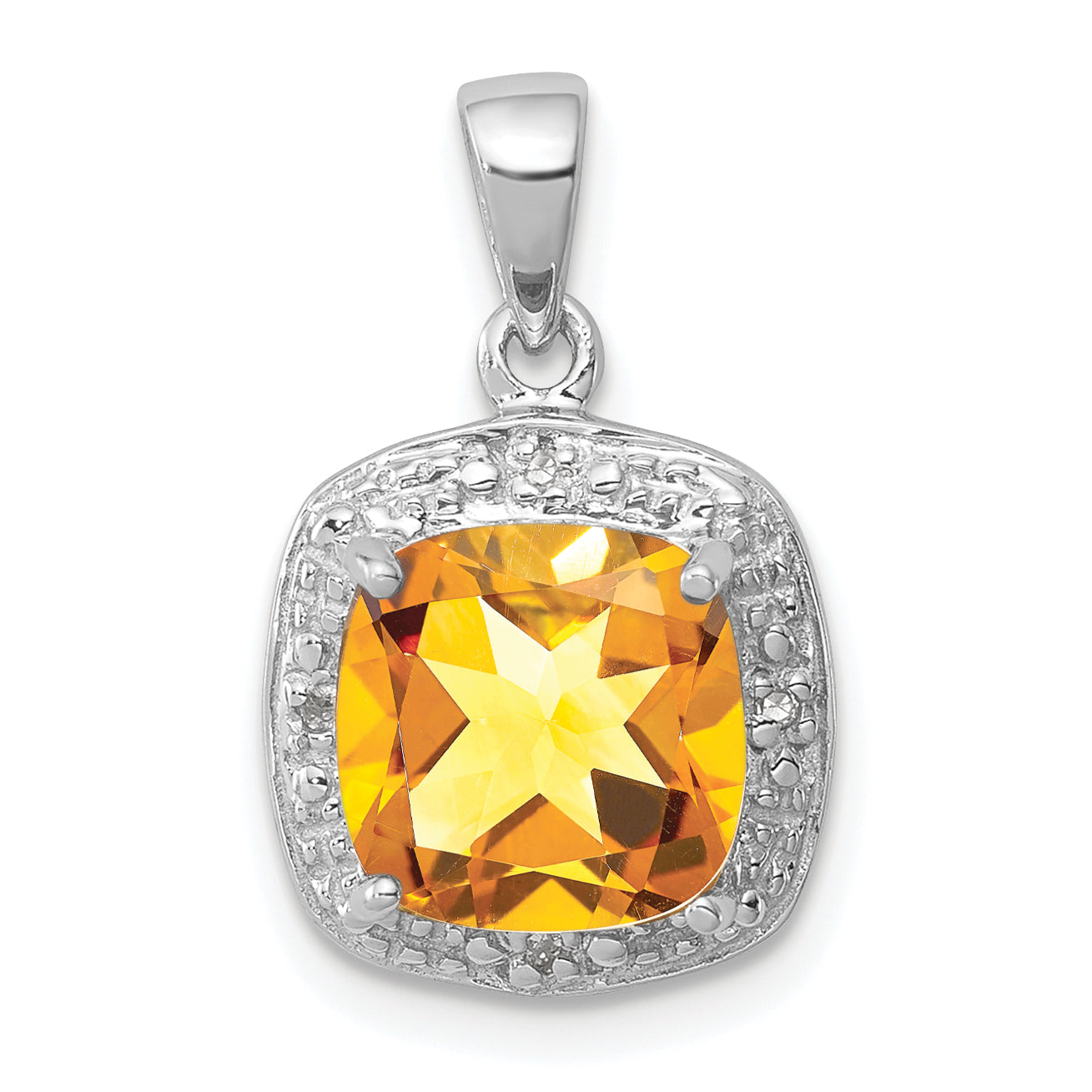 Sterling Silver Rhodium Citrine & Diamond Pendant