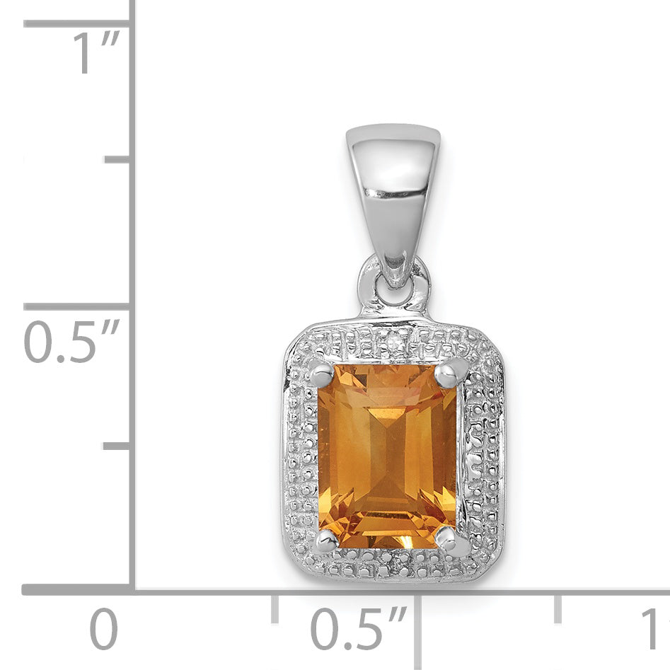 Sterling Silver Rhodium Emerald-cut Citrine & Diamond Pendant