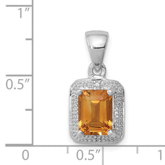 Sterling Silver Rhodium Emerald-cut Citrine & Diamond Pendant